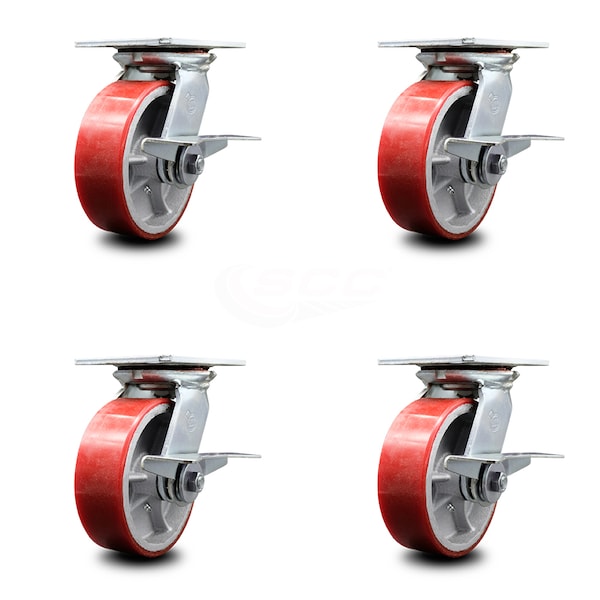 6 Inch Red Poly on Cast Iron Caster Set with Roller Bearing and Brake SCC
